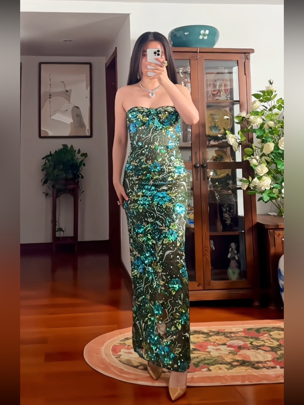 Bronx & Banco Green & Black Teal Multi Sequin Strapless Dahlia Gown M NWOT